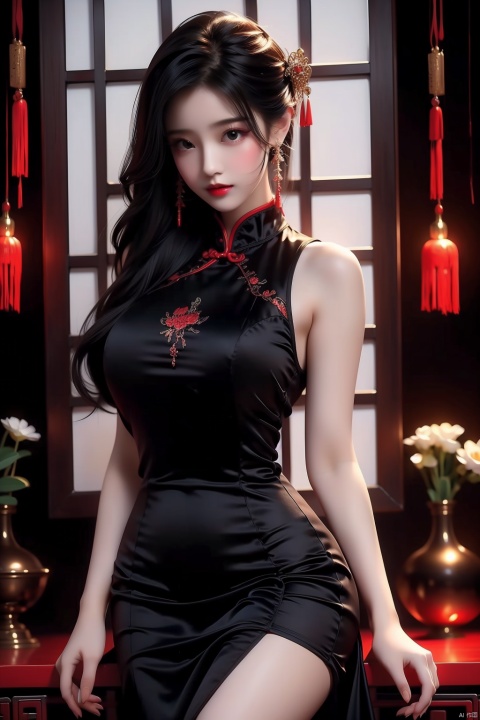 masterpiece,best quality,chinese style,cute 1girl,in a black dress,with a backless top, large breasts,big_boobs