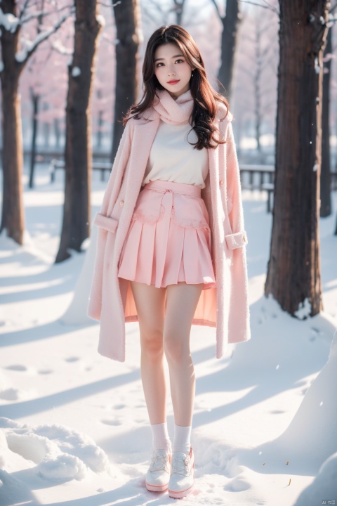  1 girl,Transparent skirt,pink face,stockings,(snow:1.2),(snowing:1.2),peach blossom,snow,solo,scarf,pink hair,smile,long hair,bokeh,realistic,long coat,blurry, captivating gaze, embellished clothing, natural light, shallow depth of field, romantic setting, dreamy pastel color palette, whimsical details, captured on film,(Original Photo, Best Quality), (Realistic, Photorealistic:1.3), Clean, Masterpiece, Fine Detail, Masterpiece, Ultra Detailed, High Resolution, (Best Illustration), (Best Shadows), Complex, Bright light, modern clothing, (pastoral:1.3), smiling,standing,(very very short skirt:1.5),knee socks,(white shoes: 1.4),long legs, forest, grassland,(view:1.3), 21yo girl, striped, capricornus, 1girl, light master, Light master, ((poakl)), wangzuxian,yuzu,high_heels,yellow_footwear,long_hair,black_hair