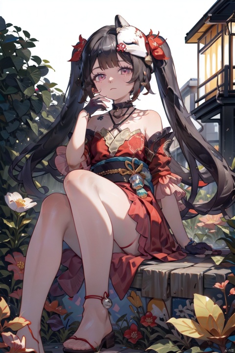  1girl, huahuo, twintails, bare shoulders, fox mask, mask on head, red dress, detached sleeves, black gloves, jingle bell, choker, obi, kimono, tattoo, barefoot, masterpiece, best quality:1.2, fo, high quality, anatomically correct, textured skin, 16k,woman, flower dress, colorful, darl background,flower armor,green theme,exposure blend, medium shot, bokeh, (hdr:1.4), high contrast, (cinematic, teal and orange:0.85), (muted colors, dim colors, soothing tones:1.3), low saturation