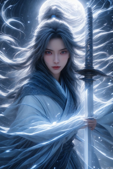  High detailed, masterpiece, Cowboy lens, 1 girl, solo, female focus:1.4, bangs, Medium chest, Gray hair: 1.4, White kimono, Hold a Katana, Scabbard, Blue splash ink, Blue energy vortex, Blue light painting, fine gloss, dynamic action, 
 Architecture, Oriental ancient architecture, Night：1.3, Starry sky, Full moon, Film and television style, ray tracing, motion blur, Depth of field, sparkle, Surrealism, Conceptual art, reflection light, UHD, 8K, best quality, textured skin, 1080P, ccurate, sdmai, wuxia,