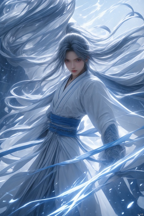  High detailed, masterpiece, Cowboy lens, 1 girl, solo, female focus:1.4, bangs, Medium chest, Gray hair: 1.4, long hair, Black kimono, Hold a Katana, Scabbard, Blue splash ink, Blue energy vortex, Blue light painting, fine gloss, dynamic action, 
 Architecture, Oriental ancient architecture, Night：1.3, Starry sky, Full moon, Film and television style, ray tracing, motion blur, Depth of field, sparkle, Surrealism, Conceptual art, reflection light, UHD, 8K, best quality, textured skin, 1080P, ccurate, sdmai