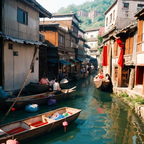 The translation of your request into English is: "Jiangnan water town, community opera, boats, children, photographs, real, beautiful paintings."
