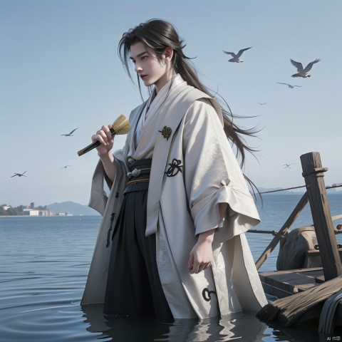 A young man with black hair tied up, wearing a Tang Dynasty hat. Full-body photo, Chinese Tang Dynasty costume, full-body photo, gorgeous attire, highlights, holding a paper fan in hand, outdoors, on the lake, on a boat, leisurely.