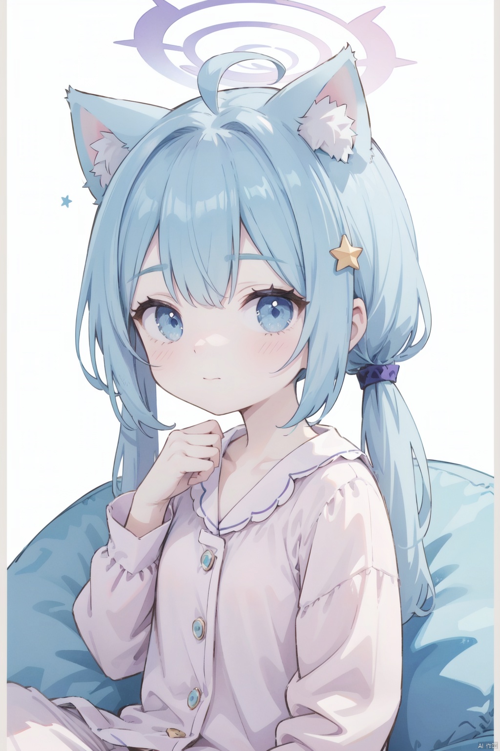  masterpiece, best quality,1girl, ,reisa \(blue archive\), star_\(symbol\), ahoge, star_hair_ornament, low_twintails,halo,(furry cat ears),(closed mouth),(v-shaped eyebrows:0.7),(happy:0.6),looking at viewer,upper body,hands trying to catch viewer,(loungewear:1.2),(pale blue loungewear:1.2),(oversized clothes:0.3),simple background with purple sketch border and simple pattern \(white theme\),simple background,border, (pastel colors style:0.7), watercolor \(medium\), loli