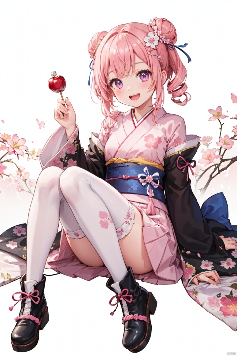  1girl, maruyama_aya, japanese_clothes, food, pink_hair, open_mouth, kimono, hair_ornament, bangs, double_bun, pink_eyes, solo, smile, hair_flower, boots, hair_bun, sitting, holding, flower, candy_apple, :d, holding_food, pink_kimono, thighhighs, floral_print, alternate_hairstyle, looking_at_viewer, full_body, sash, obi, pink_footwear, sidelocks, bag, upper_teeth_only, teeth, white_background, fish, floral_background, wide_sleeves, blush, white_thighhighs, drill_hair, long_sleeves