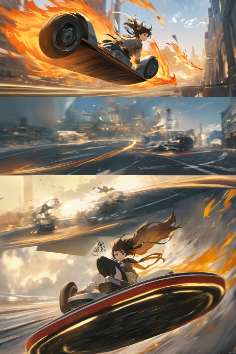 (Masterpiece,. Best picture quality, movie picture), girl, driving an air hoverboard, flying in the air, tail Flame, high speed, motion shots, Motion compensation, Cyberclassical, calligraphy and painting, Deceptivism,ribbon