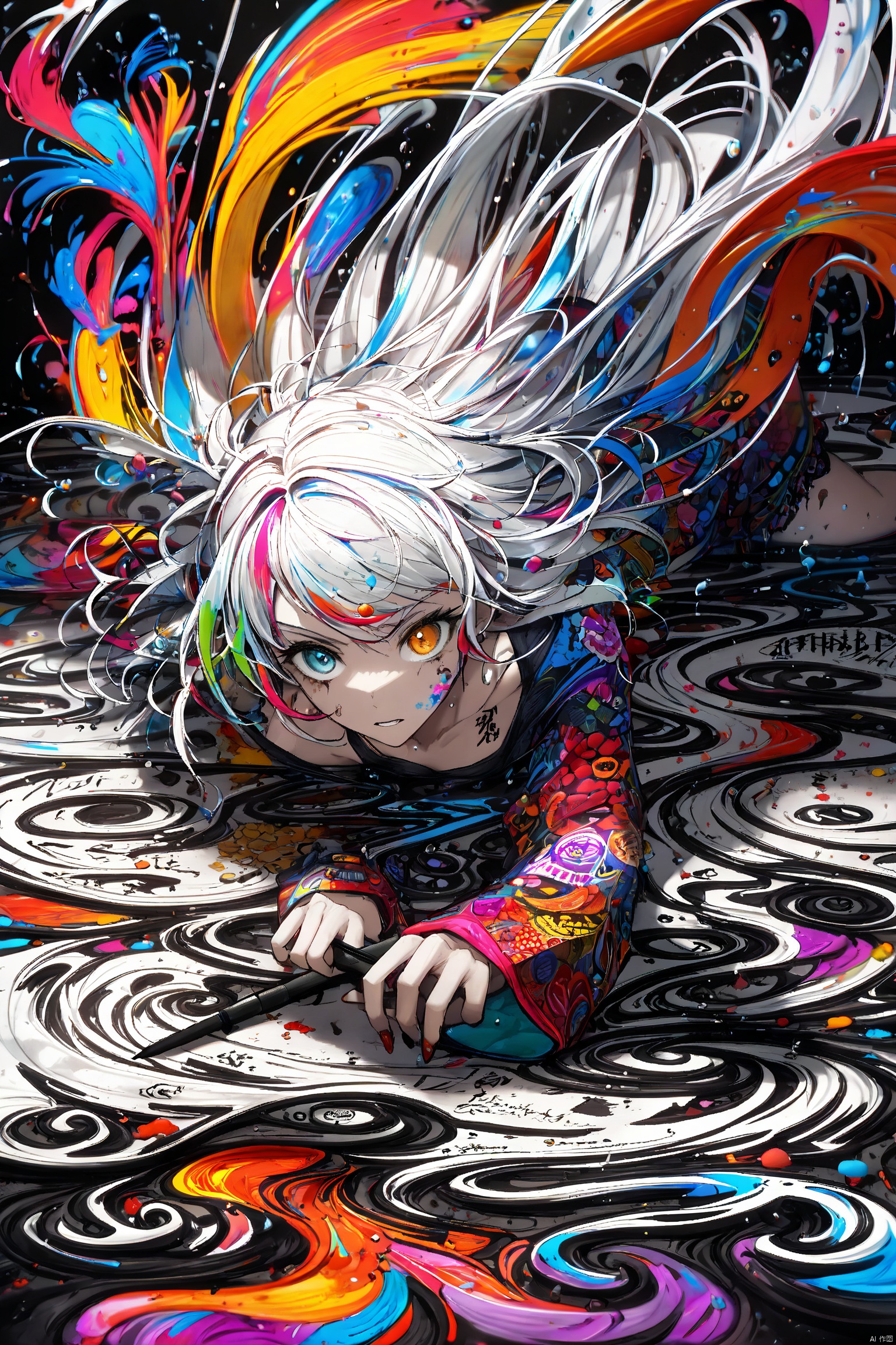  (dramatic, gritty, intense:1.4),masterpiece, best quality,8k, insane details,hyper quality,ultra detailed, Masterpiece,(calligraphy:1.4),(ether colorful ink flowing:1.3),1girl,A shot with tension,white hair,exposed collarbone,sideways,Simple background