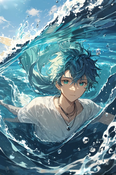 1boy, afloat, air bubble, aqua hair, blue hair, bubble, caustics, floating hair, jewelry, long hair, looking at viewer, male focus,fluid,Water magic ,Fluid hair,Flowing water, necklace, ocean, partially submerged, solo, splashing, submerged, underwater, water, water drop, waves, wet