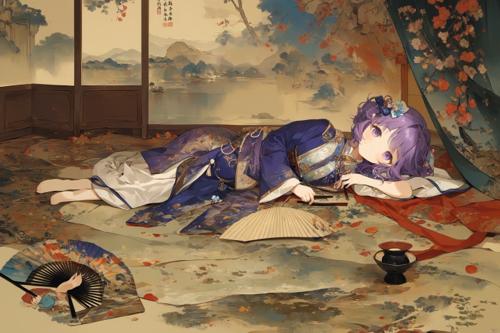 1girl,solo,violet hair,cute,in the painting on the folding fan,lying,full body,Folding fan,best quality,extremely detailed,masterpiece,very aesthetic