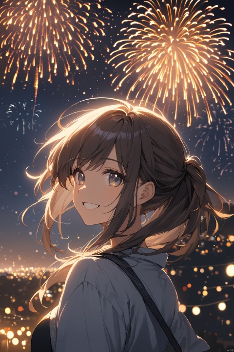 1girl,night,fireworks,smile,masterpiece,best quality,very aesthetic,extremely detailed