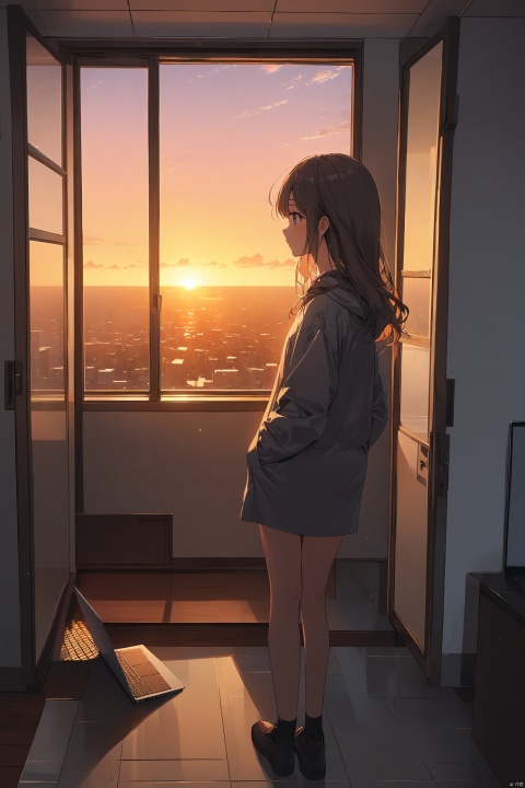 1girl,in door,modern,laptop computer,floor-to-ceiling window,ray,sunset,body focused,beautiful,masterpiece,best quality,very aesthetic,extremely detailed