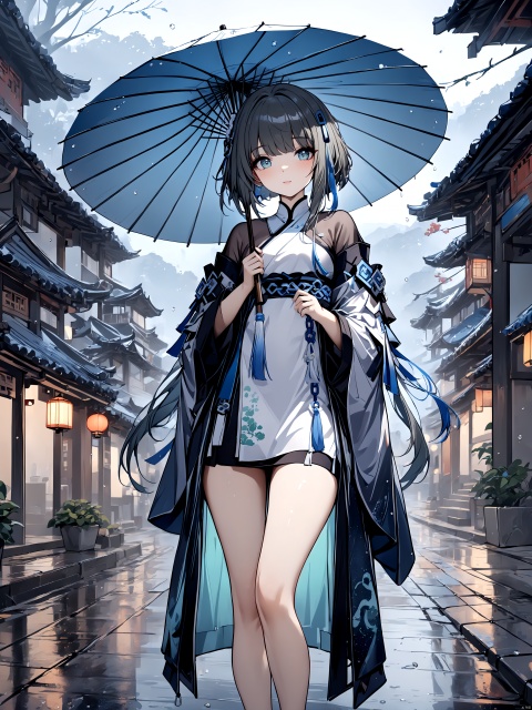 1girl,Guizhong,Chinese style,standing on the road,ancient Chinese town,holding an oil-paper umbrella,looking at viewer,beautiful,cute,bloom,rainy,atmosphere fog,masterpiece,extremely detailed,best quality,very aesthetic