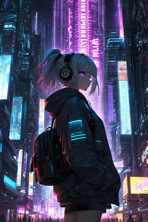 Dreampolis, hyper-detailed digital illustration, cyberpunk, single girl with techsuite hoodie and headphones in the street, neon lights, lighting bar, city, cyberpunk city, film still, backpack, in megapolis, pro-lighting, high-res, masterpiece