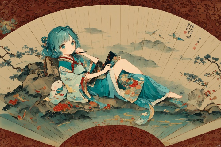 1girl,solo,aqua hair,cute,in the painting on the folding fan,lying,full body,Folding fan,Chinese painting,best quality,extremely detailed,masterpiece,very aesthetic,