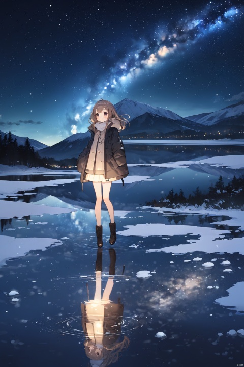 1girl,beautiful,loli,full body,winter coat,cute,lake,reflection,night,snow mountain,milky way,masterpiece,best quality,very aesthetic,extremely detailed