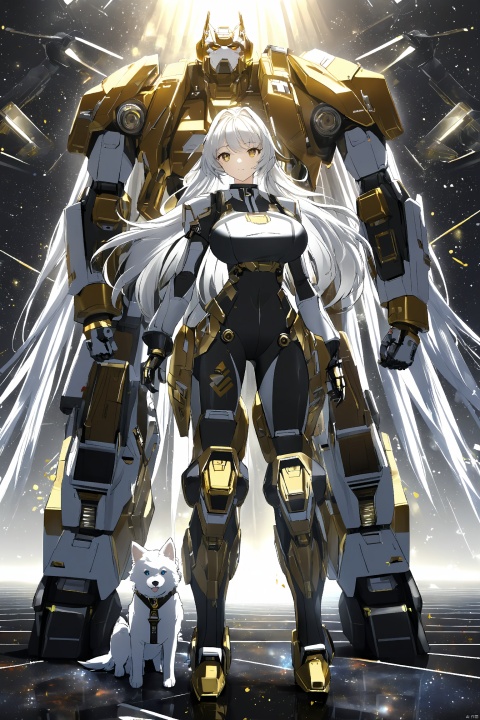 Pretty girl, big chest, sunny outgoing, white hair, space mech, gold plated, electroplated paint, steel mech, sci-fi background Cyberpunk, 3D, anime style, black and white stripes, whole body, mechanical dog, Silver reflective