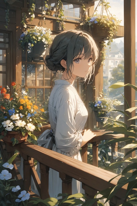 1girl,on wooden balcony,flowers,plants,wind,ray,body focused,beautiful,masterpiece,best quality,very aesthetic,extremely detailed