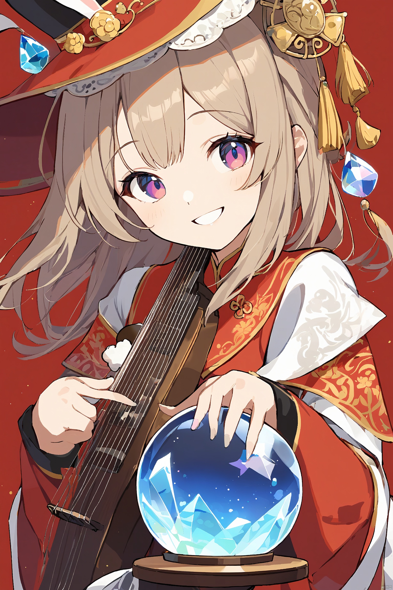  sdmai,Flat illustration,
(masterpiece, best quality:1.3),fcol style,1girl,smile,solo, rabbit ear hat, musical instrument, music,upper body, simple background, Crystal ball, chinese style, shushu