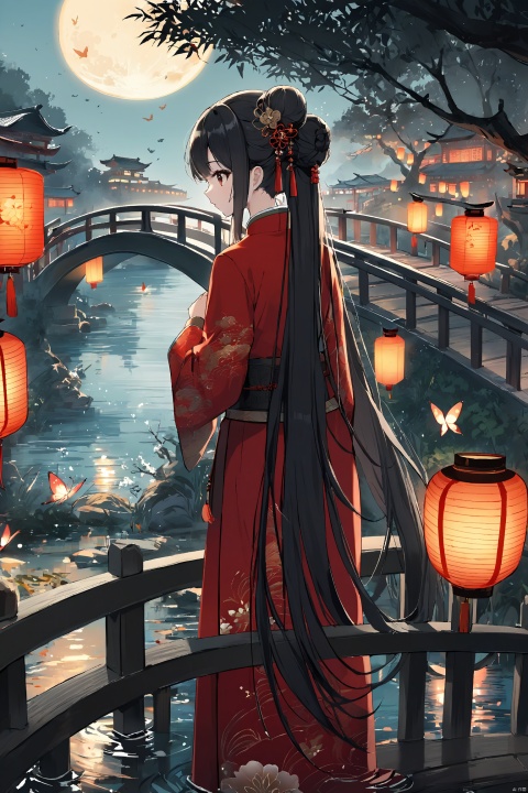 A girl, alone, long hair, looking at the audience, black hair, hair accessories, long sleeves, clothes, hugging, standing, flowers, outdoors, looking back, water, hair bun, from behind, tree, Belt, Chinese clothes, moon, red clothes, insects, butterflies, hands withlanterns,railings,branches,bridges,Hanfu,traditionalchineseinkpainting,keaiduo,