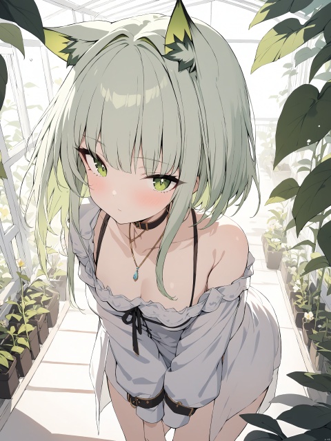 1girl,Kal'tsit,animal ears,standing,looking at viewer,beautiful,cute,bloom,ray,in greenhouse,masterpiece,extremely detailed,best quality,very aesthetic