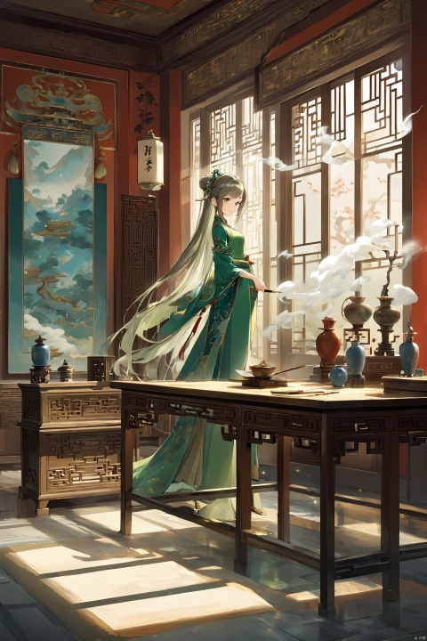 1girl, full body, standing behind a desk with a brush in her hand, thinking about an unfinished painting.  A censer on the desk is emitting white smoke.  Inside a gorgeous Chinese palace, solo, looking at the audience, long hair, Chinese embroidery princess green dress, gracefully standing behind the desk, Chinese princess, gentle and graceful,
A girl, standing in full form within an opulent interior of a Chinese palace,, and she is adorned with an exquisite green princess gown embroidered in traditional Chinese patterns, exuding both grace and refinement. On the desk beside her incomplete artwork, a censer emits wisps of white smoke, infusing the air with a serene and mystical ambiance. Despite being in the quiet solitude of the room, her gaze is directed towards an imagined audience, as if poised to begin a solo performance. This focused and elegant stance beautifully embodies the inner charm and poise of a Chinese princess.,