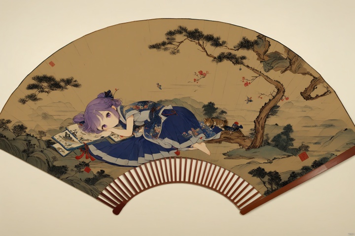 1girl,solo,violet hair,cute,in the painting on the folding fan,lying,full body,Folding fan,Chinese painting,best quality,extremely detailed,masterpiece,very aesthetic