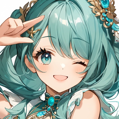 1girl,beautiful,Wink_icon,aqua hair,simple background,masterpiece,best quality,very aesthetic,extremely detailed