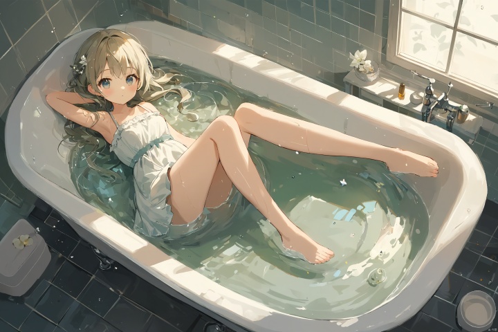 1girl,beautiful,cute,full body,from above,lying in the bathtub,sundress,wet,ray,masterpiece,best quality,very aesthetic,extremely detailed