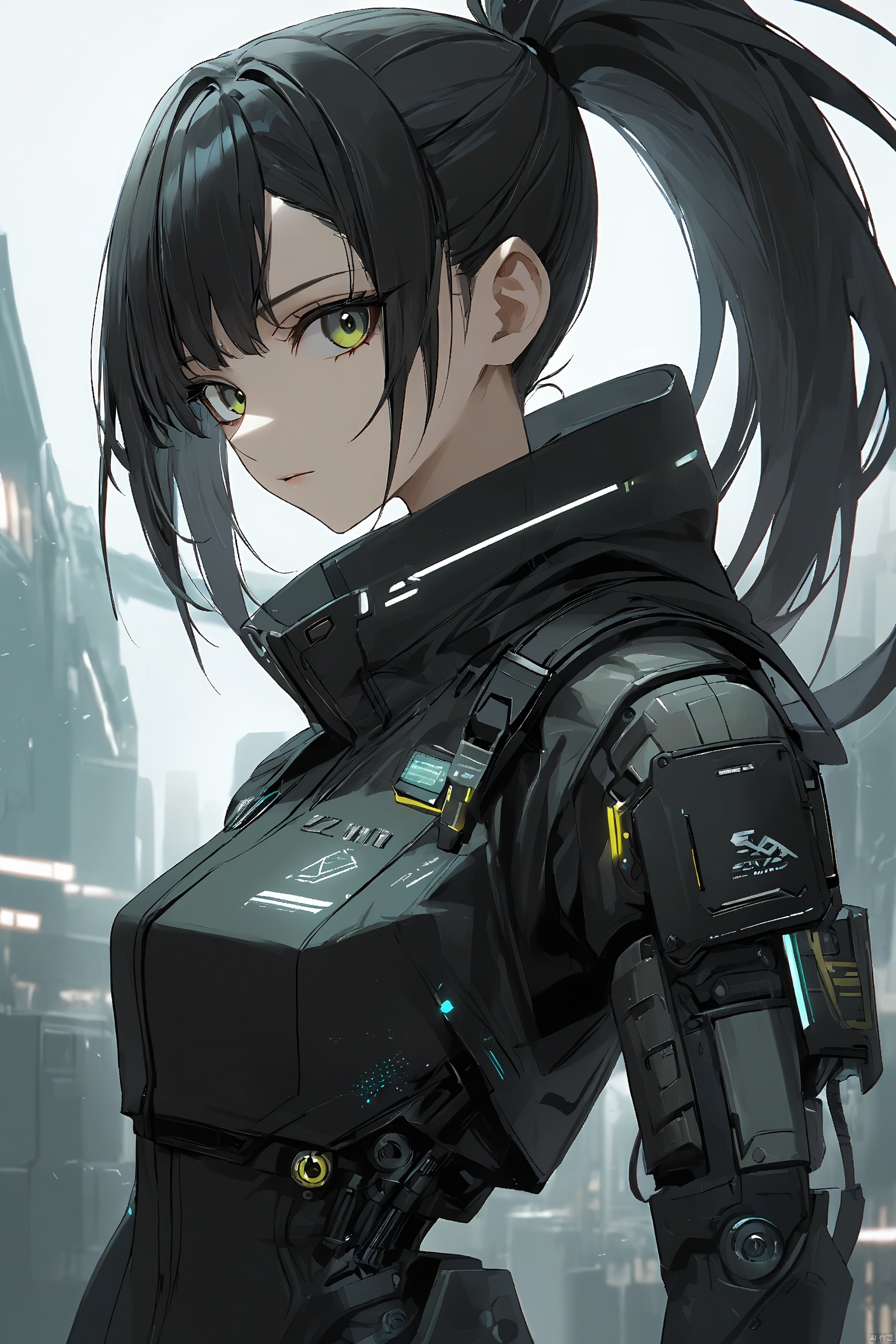  gzly,1girl,solo,cyberpunk,ponytail,looking at viewer,black hair,science fiction,upper body,joints,masterpiece, best quality,