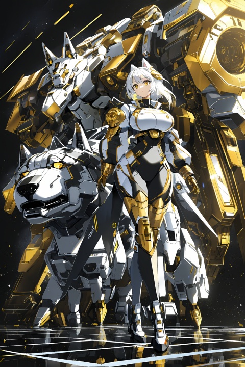 Pretty girl, big chest, sunny outgoing, white hair, space mech, gold plated, electroplated paint, steel mech, sci-fi background Cyberpunk, 3D, anime style, black and white stripes, whole body, mechanical dog, Silver reflective