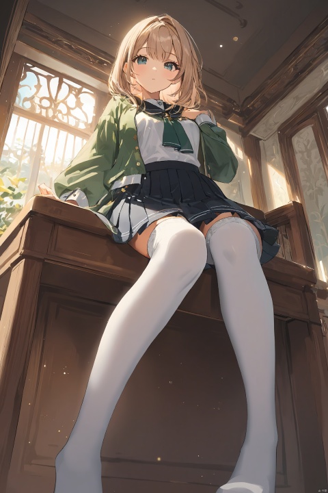 1girl,beautiful,looking at viewer,sitting on the desk,seifuku,skirt,white silk stockings,from below,masterpiece,best quality,very aesthetic,extremely detailed