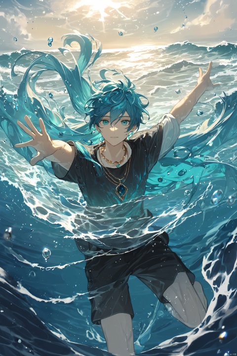 1boy, afloat, air bubble, aqua hair, blue hair, bubble, caustics, floating hair, jewelry, long hair, looking at viewer, male focus,fluid,Water magic ,Fluid hair,Flowing water, necklace, ocean, partially submerged, solo, splashing, submerged, underwater, water, water drop, waves, wet