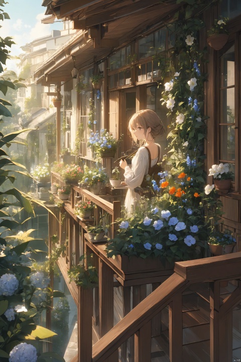1girl,on wooden balcony,flowers,plants,wind,ray,body focused,beautiful,masterpiece,best quality,very aesthetic,extremely detailed