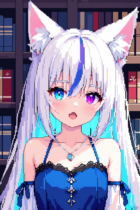  1girl,(face), solo,fox girl,fox ears,breasts,medium breasts , (heterochromia),blush,purple eye,blue eye,cat's eye,(slit pupils), open mouth, long hair,white hair,hair between eyes,(streaked hair),bare shoulders,collarbone,colored inner hair,dress,black lace trim,(blue dress),detached sleeves,ribbon,necklace,library,close-up,formal,(pixel art)