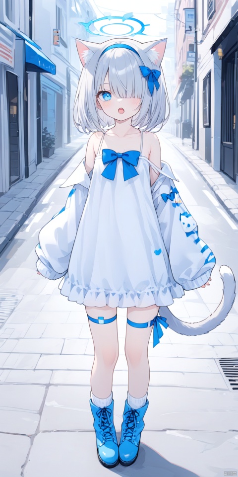  1girl,breasts,short hair, open mouth, bangs, blue eyes, hair ornament, long sleeves, bow, ribbon, hair over one eye, bare shoulders, standing, collarbone, white hair, grey hair, hairband, small breasts, boots, frills, socks, cat ears, off shoulder, cat tail, sleeves past wrists, thigh strap, halo, blue bow, bandaids, blue footwear, knees together feet apart, bridal garter, loose socks,street