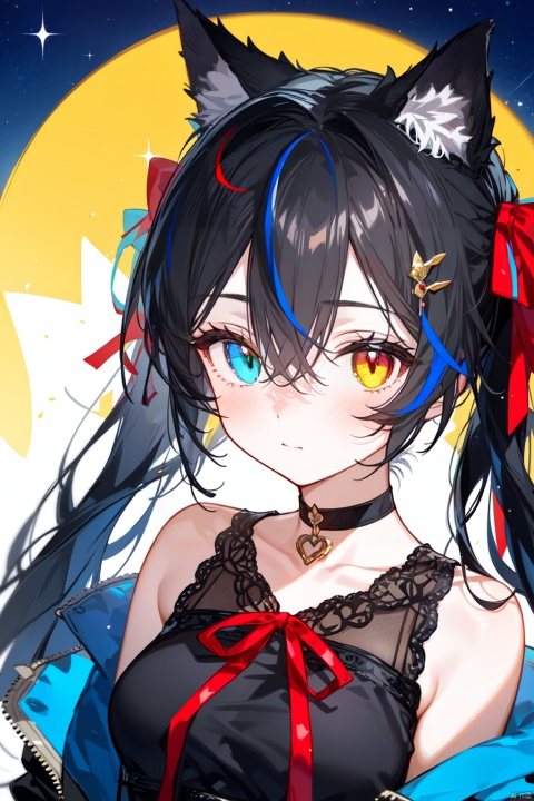  1girl,(face), solo, wolf girl,wolf ears,breasts,medium breasts , (heterochromia),blush,yellow eyes, red eyes,cat's eye,(slit pupils), closed mouth, long hair,black hair,hair between eyes,twintails,(streaked hair),colored inner hair,bare shoulders,collarbone,blue jacket,jacket partially removed,(black dress),red ribbon, hair ornament, hair bow, hair ribbon,choker,night,forest,looking at viewer,close-up,formal,