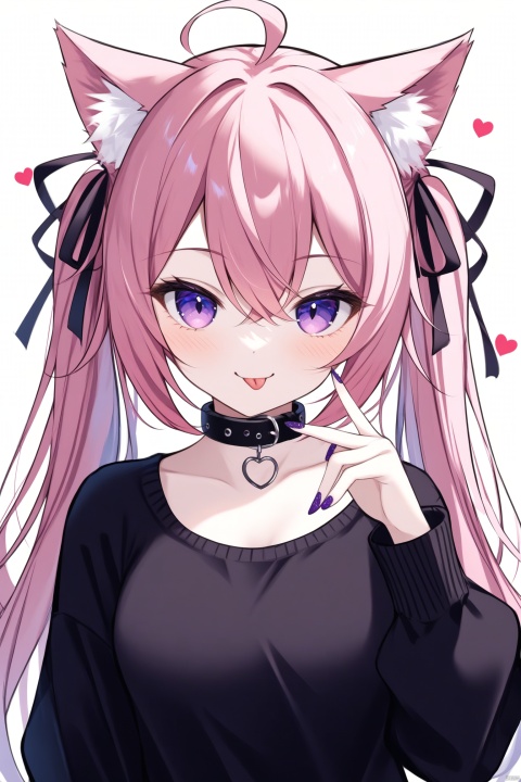  1girl, solo, long hair, breasts, looking at viewer, blush, smile, simple background, shirt, long sleeves, white background, ribbon, animal ears, hair between eyes, twintails, medium breasts, purple eyes, hair ribbon, upper body, pink hair, ahoge, heart, horns, tongue, virtual youtuber, cat ears, tongue out, off shoulder, nail polish, collar, animal ear fluff, black shirt, purple nails, black collar