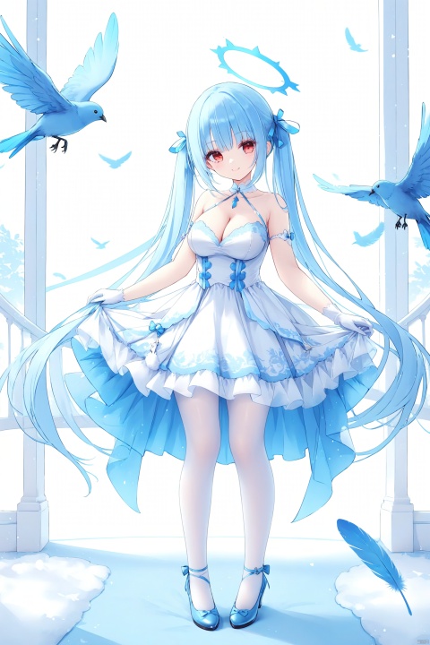  1girl, solo, long hair, breasts, looking at viewer, smile, bangs, large breasts, simple background, red eyes, gloves, white background, dress, cleavage, bare shoulders, twintails, very long hair, blue hair, standing, full body, pantyhose, white gloves, white dress, bird, halo, feathers,white pantyhose,bedroom
