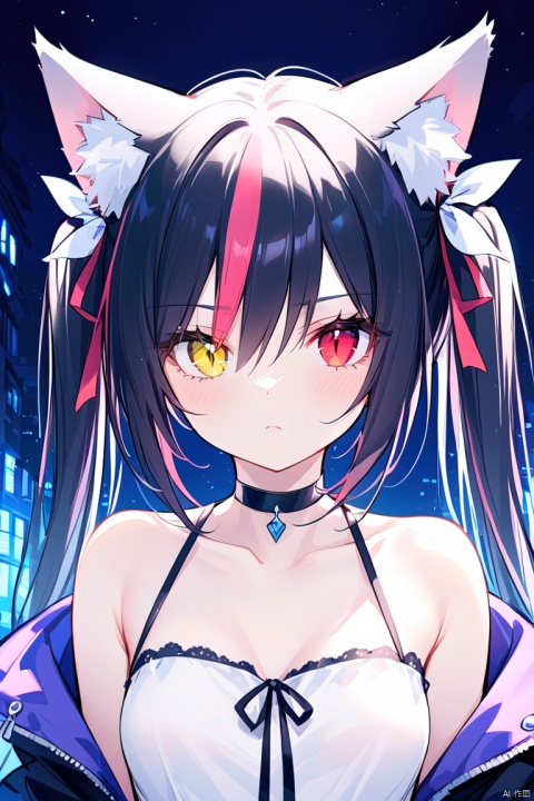  1girl,((face)), solo, wolf girl,wolf ears,breasts,medium breasts , (heterochromia),yellow eyes, red eyes,cat's eye,(slit pupils), closed mouth, long hair,black hair,hair between eyes,twintails,(streaked hair),bare shoulders,collarbone,jacket partially removed,white dress,ribbon, hair ornament, hair bow, hair ribbon,choker,night,ooking at viewer,close-up