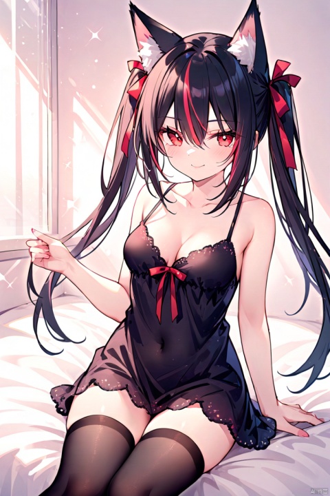  1girl,(upper body),bedroom, solo, fox girl, fox ears,breasts,medium breasts , cleavage, naughty face, red eyes, closed mouth, long hair,black hair,streaked hair,hair between eyes,twintails,streaked hair,bare shoulders,collarbone,stomach,navel,crotch,bedroom,(black sexy nightdress),detached sleeves, ribbon, hair ornament, hair bow, hair ribbon,thighhighs,no pants,no panties,sparkle,sitting,looking away,feet out of frame,looking at viewer