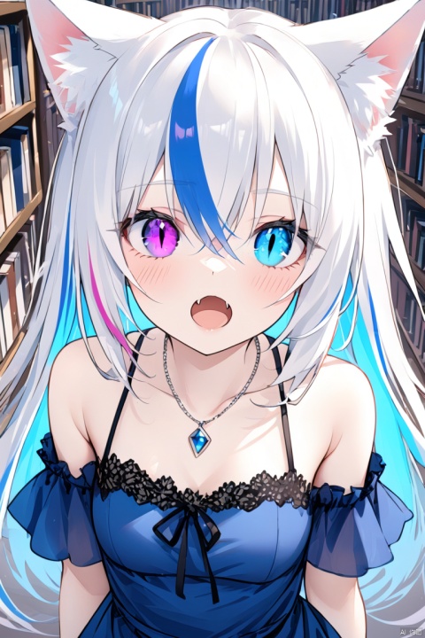 1girl,(face), solo,fox girl,fox ears,breasts,medium breasts , (heterochromia),blush,purple eye,blue eye,cat's eye,(slit pupils), open mouth,fang, long hair,white hair,hair between eyes,(streaked hair),bare shoulders,collarbone,colored inner hair,dress,black lace trim,(blue dress),detached sleeves,ribbon,necklace,library,looking up,from above,close-up,formal,