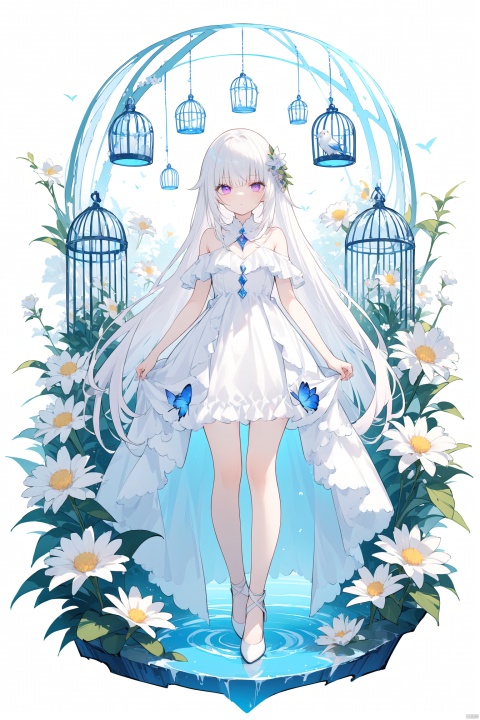  1girl, solo, long hair, looking at viewer, bangs, hair ornament, dress, bare shoulders, very long hair, purple eyes, full body, flower, white hair, frills, white dress, high heels, white footwear, frilled dress, white flower, cage, birdcage