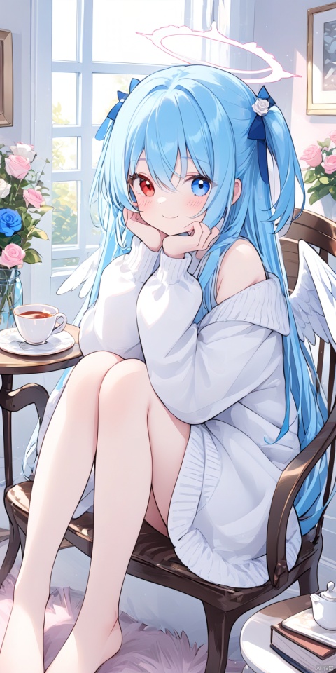 1girl, solo, long hair, looking at viewer, blush, smile, bangs, blue eyes, skirt, hair ornament, red eyes, long sleeves, bow, ribbon, hair between eyes, bare shoulders, sitting, very long hair, closed mouth, blue hair, flower, wings, barefoot, indoors, off shoulder, sweater, two side up, cup, sleeves past wrists, book, window, rose, heterochromia, halo, chair, table, white flower, crescent, feathered wings, knees up, pink flower, plate, teacup, blue flower, angel wings, white wings, hands on own face, teapot, white rose, pink rose, saucer, hands on own cheeks, vase, cage, birdcage, tiered tray