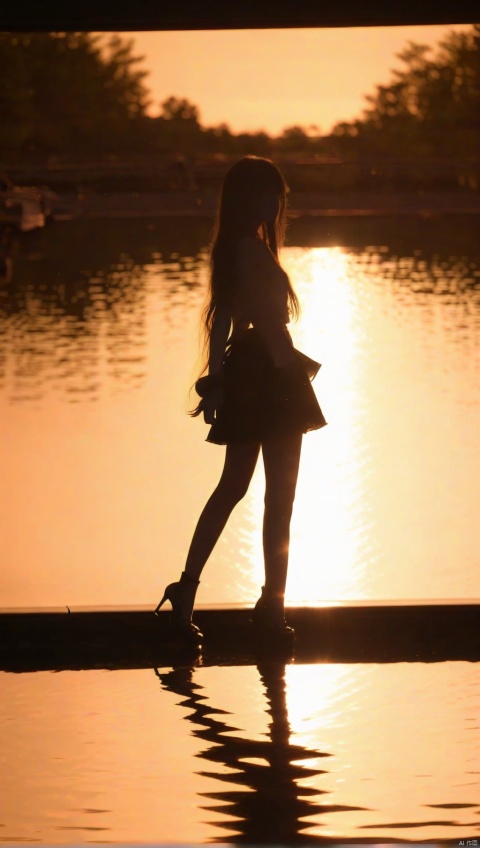 1girl, solo, miniskirt, long hair, floating hair, high heels,  (silhouette in the dark, black figure), (vaguely saw a hazy figure:1.2), sunset, lake, reflective light, elegant pose, outside border,