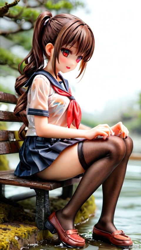  ker,1girl,solo,dynamic angle,brown hair,long hair,wet hair, full body,prospect,sailor_shirt,pleated_skirt,black_thighhighs,wet clothes,sitting,on park bench,rain,park,(simple background:1.1),masterpiece, best quality