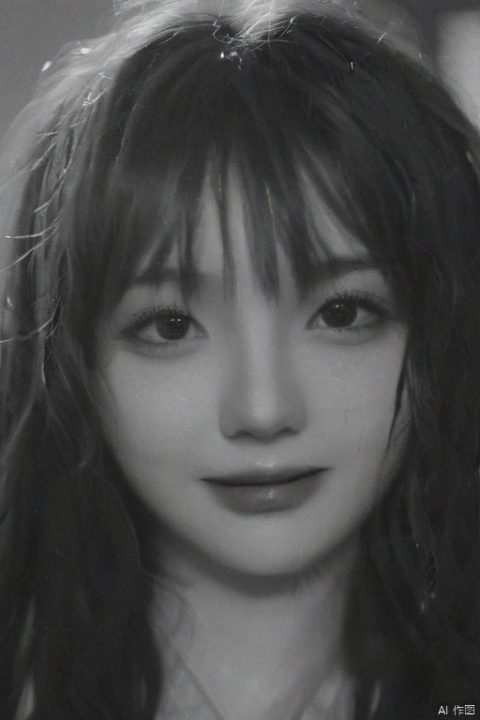 black and white, analog camera, fuji, kind smile, photorelistic, 1girl, korean doll like, (extrem close up), full lips, long hair, brown hair, messy hair, bangs, small raining, wet hair, wet face, ultra detailed, ultra detailed skin, fasion clothes, fashion, melting makeup, city, night, street, cinematic light, ray tracing, dynamic angle, looking at far away, shadow, (shadow on face), dim light, 