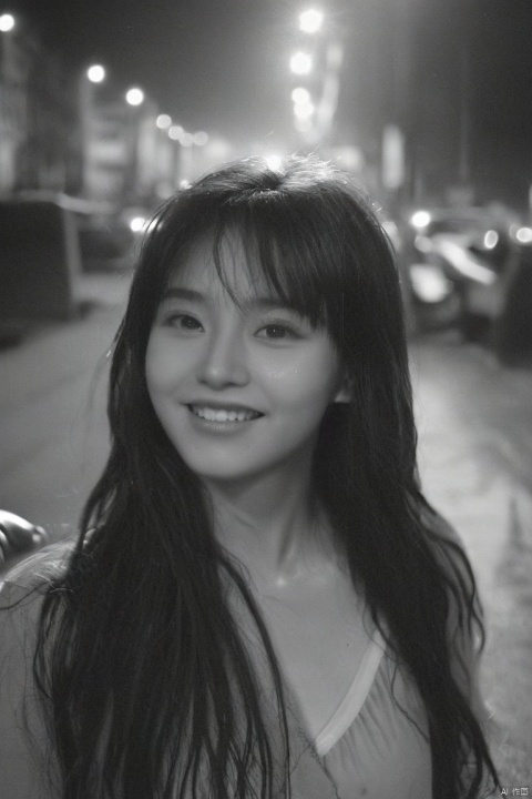 black and white, analog camera, kind smile, photogragh, photorelistic, 1girl, korean doll like, (upper body), long hair, brown hair, messy hair, bangs, raining, wet hair, wet face, ultra detailed, ultra detailed skin, fasion clothes, fashion, makeup, city, night, street, cinematic light, ray tracing, dynamic angle, looking at far away, shadow, shadoe on face, dim light,