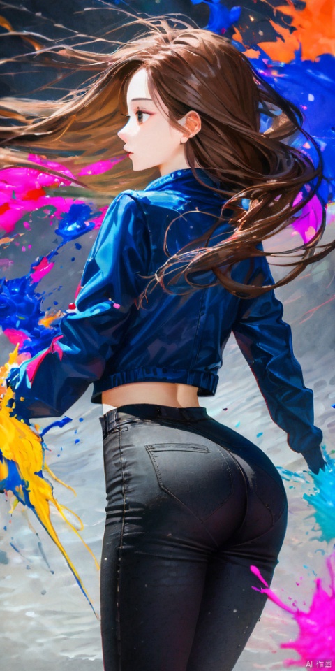 abstract, oil painting, masterpiece, best quality, 8k, 1girl, (color splash), profile, cowboy shot, long hair, brown hair, floating hair, jacket, tight jeans, (ass), narrow waist, slim legs, slim body, (painting splash), 