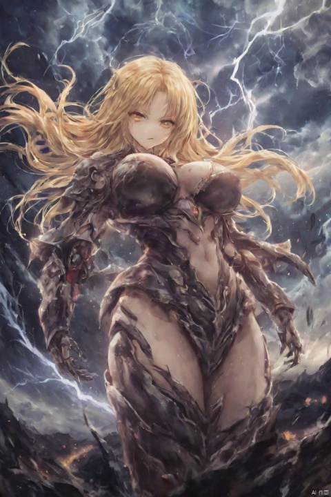 (abstract), 1 female demon, succubus, full metal armor, (lightning:1.3), (thunder:1.3), yellow eyes, long hair, blonde hair, cowboy shot, (clouds), extremely muscular, dynamic angel, large breasts, sky, flying, metallic luster
