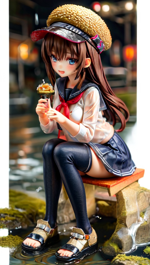  ker,,1girl,solo,dynamic angle,brown hair,long hair,wet hair, full body,prospect,sailor_shirt,pleated_skirt,black_thighhighs,(wet clothes:1.2),sitting,on park bench,rain,tuzhate,park,night,moon,,, masterpiece, best quality